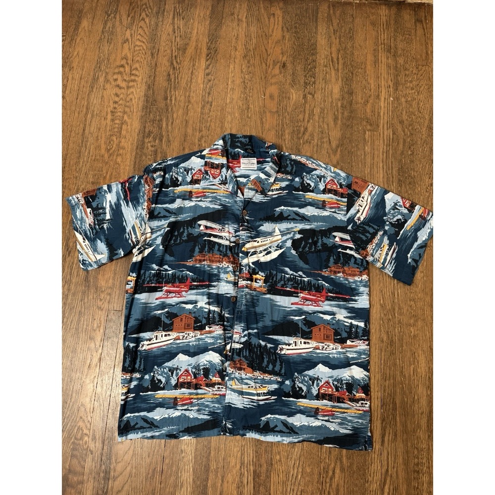 David Carey Shirt Mens 2X Black Blue Colorful Collared Button-Up Sea-Plane